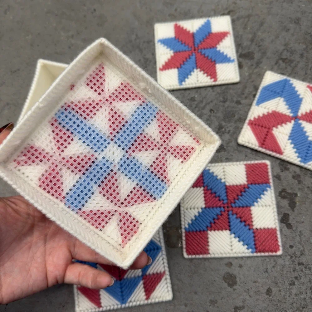 Vintage Handmade Plastic Canvas Coaster Set Quilt Pattern Red White Blue 5pc